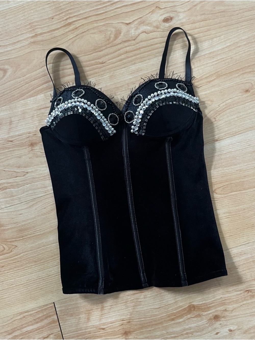 vintage 90s gothic fairy black velvet corset cami top beaded lace trim
